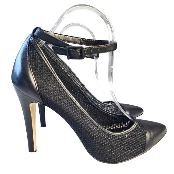 BCBGeneration Cynthia Mesh Pointed Toe Ankle Strap Pump Black Leather 8.5 M - Picture 2 of 16